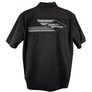 Harley-Davidson Mens L Black Striped Short Sleeve Button-Up Mechanic Shirt Biker
